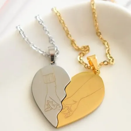 Set X2 Collar Garrita Corazon Novios Promesa + Estuche Pana Dorado Y Plateado