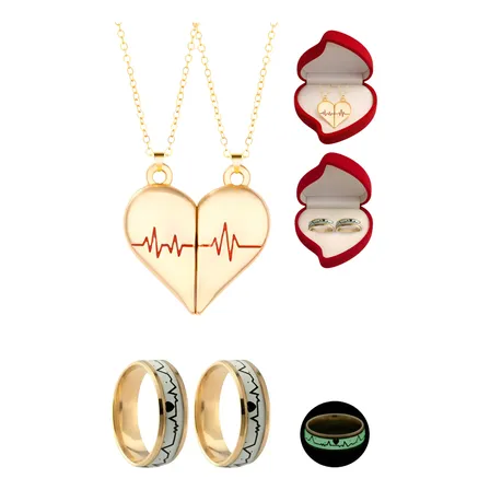 Set X4 Collar + Anillos Electro Hombre Mujer + Estuche Pana Dorado