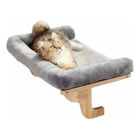 Cama Colgante Gatos Waggs Hamaca Madera Reforzada Y Metal Gris Liso