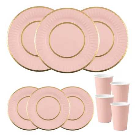 Combo Kit Eventos Plato + Vaso + Plato Postre P/ 10 Personas Doble Borde Dorado Rosa Liso