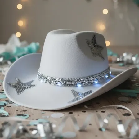 Sombrero Cowboy Blanco Con Estrellas Plateadas Con Luz Led Blanco