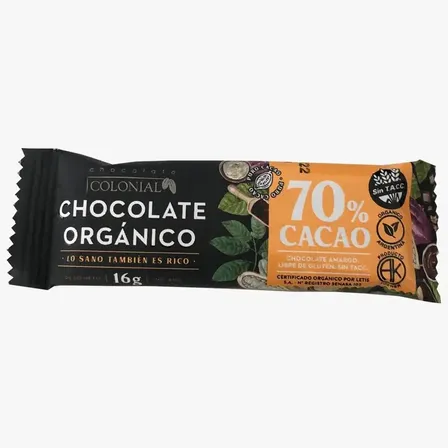Chocolate Barra Orgánico Negro 70% Cacao Colonial 16g X 50 U