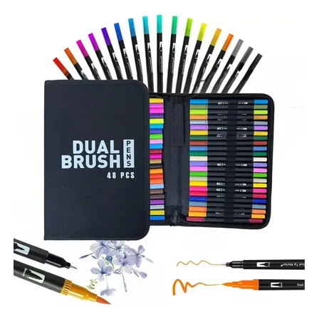 Set De Marcadores Plumones Doble Punta Punta | Pincel A Base De Agua Con Estuche | Para Dibujo Lettering Ilustración Arte Estudiantes Profesionales Papel Accesorios 48pcs Levys Bazar