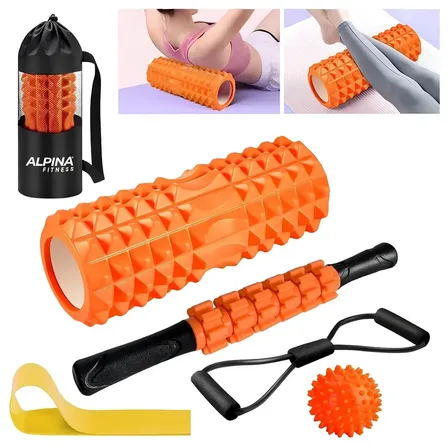 Kit Masajeador Rolo Pelota Barra Bandas Yoga Recuperación Muscular Alpina AKE-01