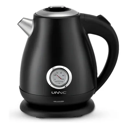 Pava Eléctrica Con Termómetro Vintage Retro Unnic Acero Inoxidable 1.7 L Hervidora Mate Agua Te Café Color Negro