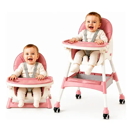 Silla De Comer Plegable 2 En 1 Sillita Bebes Doble Bandeja Ajustable Arnés De 5 Puntos Ruedas Removibles Tapizado Impermeable Silla Alta Y Baja Infantil Rosa