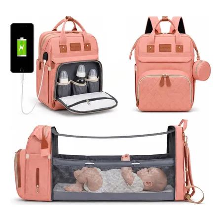 Mochila Bolso Maternal Cuna Cambiador Usb Plegable Dyvan Rosa