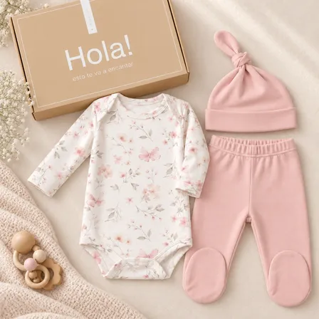 Ajuar Bebe Set Nacimiento Aldogon Pima 3 Piezas Con Caja Rosa. El Regalo Ideal Para Un Recien Nacido, Combo Con Body, Comodidad Y Suavidad. Hipoalergenico, Hermosa Estampa Rn - Recien Nacido