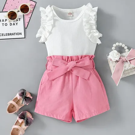 Conjunto Niña 2 Piezas Verano Blusa Volados Short Pink 3-4y