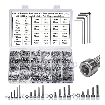 Set 880pzs Tornillos Tuercas Arandelas Inox Cabeza Hex