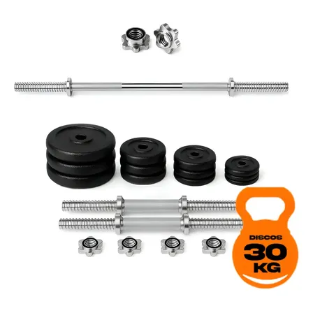 Kit Barra 1.50 Mts Maciza + 2 Mancuernas + 30 Kg En Discos