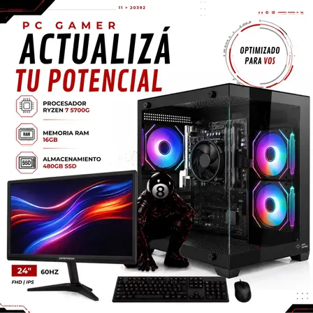Pc Gamer Amd Ryzen 7 Con Monitor 24 | Gabinete 5 Coolers | Wifi | Teclado y mouse | Pc Armada Noxi