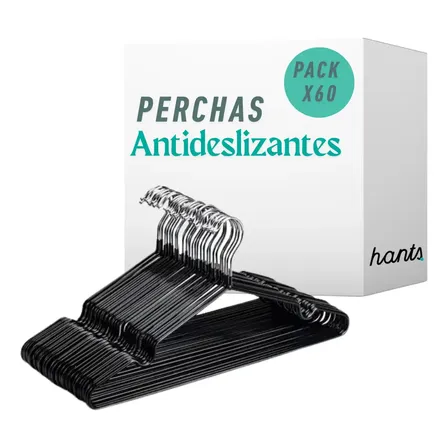 Pack X60 Perchas Antideslizante Metal Slim Engomadas Adulto Negro