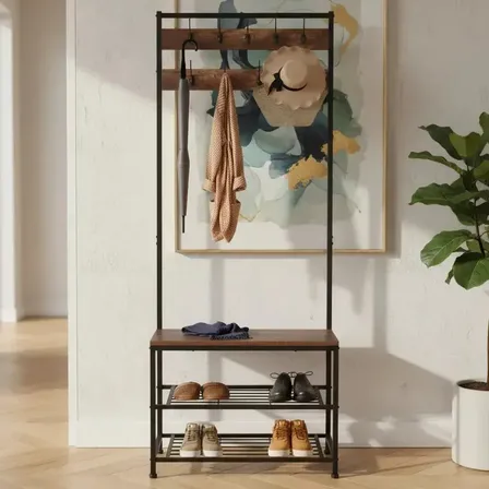 Zapatero Con Perchero Deco Hogar Recibidor Hierro Y Madera 3 En 1 Con Banco Y Estantes Organizador De Ropa Calzado Y Accesorios Mueble De Entrada Industrial Moderno Metálico Resistente Fácil De Armar