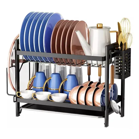 Secaplatos Escurreplatos 2 Pisos Platos Vasos De Mesada Con Bandeja Cubiertero Porta Tabla Acero Inoxidable Negro Levys Bazar Cocina Hogar