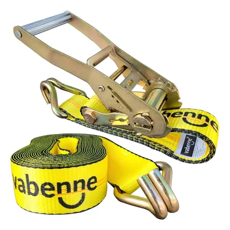 Cinta de amarre con crique 50 mm x 9 metros 5000 kg color amarillo Vabenne traca traka malacate tensor ajustable ideal carga auto moto trailer camion equipaje suncho cincha seguridad 5TN