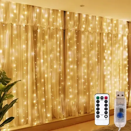 Cortina Luz Led Alambre 300 Luces Usb Control Remoto 3x3 Cálida