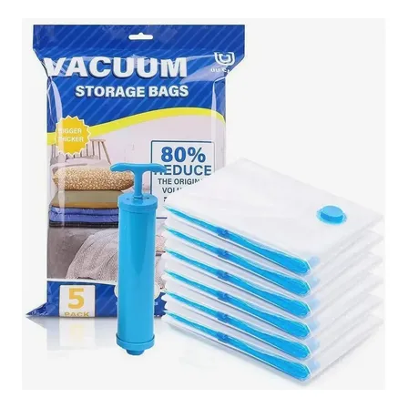 Set X5 Bolsas Al Vacio 40x60cm Con Bomba Manual Valija Para Guardado Organizador De Ropa Valija Viaje Ahorro Espacio Compresión Hermética Plástico Resistente Reutilizable Hogar Levys Bazar Transparent