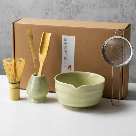 Kit 6 Piezas Matcha Ceremonial Japón Batidor Bambú Cerámica Verde Claro