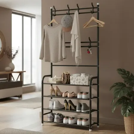 Organizador Zapatos Zapatero Botinero Con Perchero Ganchos Mueble De 4 Niveles Ancho 80cm Color Negro Levys Bazar