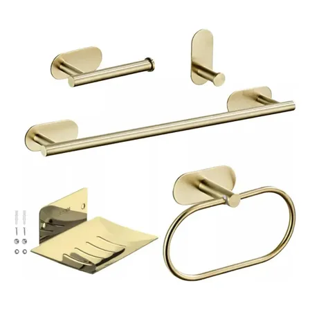 Kit Set Accesorios De Baño Adhesivo 5 Piezas Toallero Jabonera Gancho Aro Toalla Porta Rollo Sin Perforacion Pegatina Levys Bazar Color Dorado