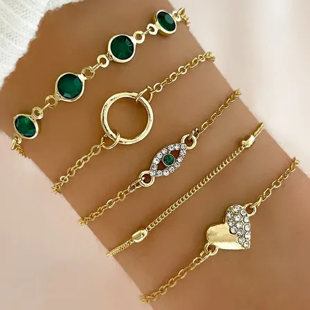 Set 5 Pulseras Finas Ojo Turco Y Corazón Dorado 5.73 Cm