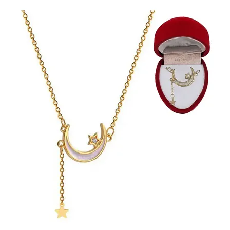 Collar Luna Dos Estrellas Baño Oro 18k Estuche Regalo Pana Dorado