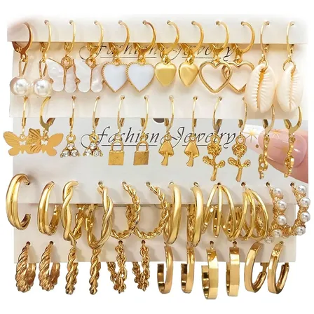Set 24 Pares De Aros Y Argollas Acero Inoxidable Mujer Dorado