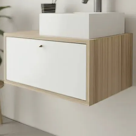 Vanitory Flotante Moderno Baño 1 Puerta Basculante 60cm Coco/blanco Sin Agujeros