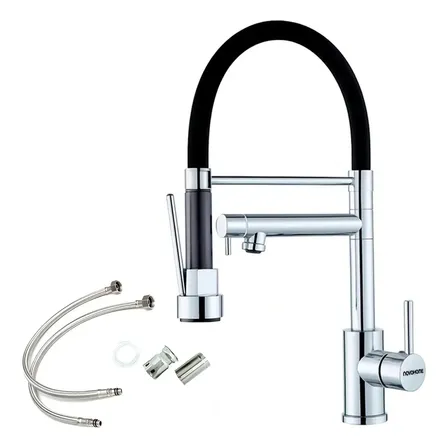 Griferia Para Cocina Canilla Monocomando Doble Salida Novohome Extensible Y Flexible Color Plateado Y Negro