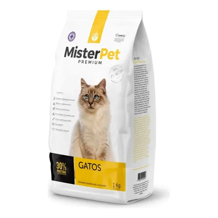 Mister Pet Alimento Seco Gatos Adultos 1Kg 30% Proteína Salmón/Pollo/Carne