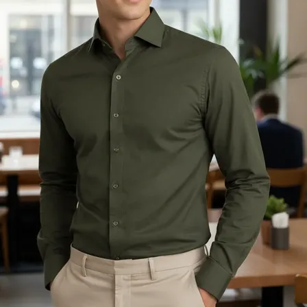 Camisa Lisa Hombre Vestir Blanca Elastizada  Entallada  Verde Militar S