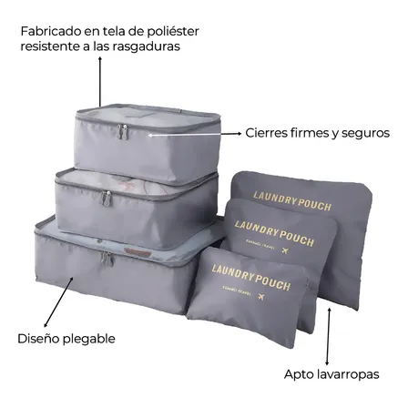 Set Organizador Maleta Viaje Travel Laundry Pouch 6 Piezas Gris