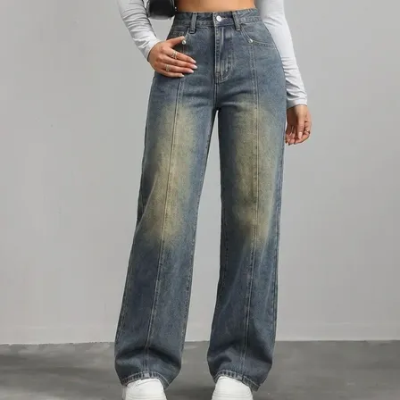 Jean Mujer Tiro Alto Wide Leg Vintage Azul Oscuro Rayas L