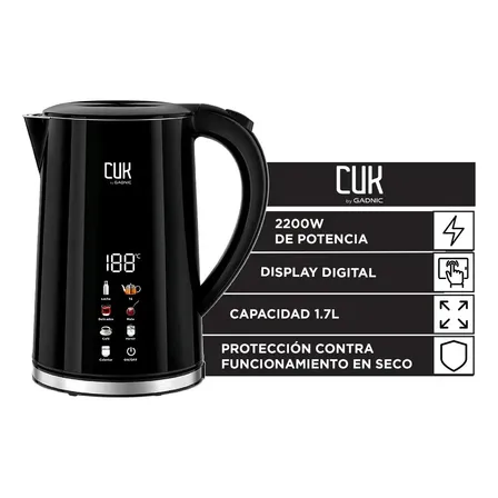 Pava Electrica Digital Cuk By Gadnic 1.7 Litros 2200W Acero Inoxidable Display Digital Apagado Automatico