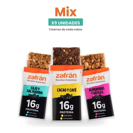 Zafrán Barras Proteicas Mix 3 Sabores - Pack X9 U