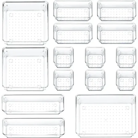 Set Organizadores Para Escritorio Placard Kit X16 Acrilico Cajones Transparentes | Hogares Oficina Escritorio Papeles Útiles Papelería Accesorios | Multiuso Cocina Baño Heladera Y Alacena Levys Bazar