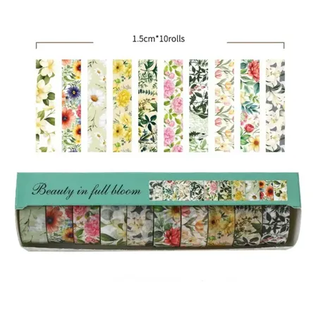 Juego Washi Tapes Set X10 Rollos Flores Vintage Verde Green