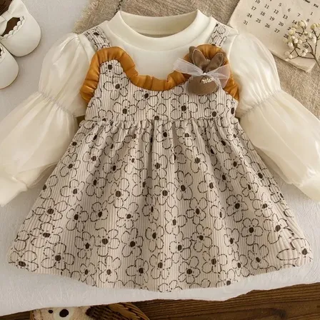Conjunto Vestido Y Body Manga Larga Para Bebé Beige Floreado M/80