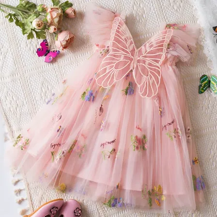 Vestido Tul Princesa Alas Mariposa Bebé Niña Rosa Floreado 90