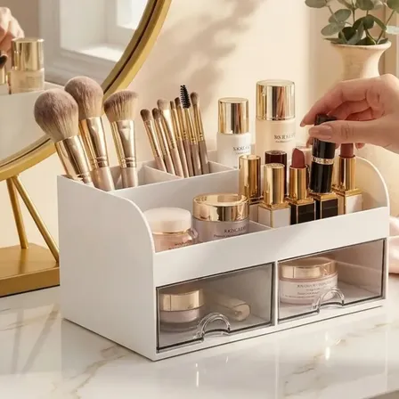 Organizador Cosmeticos 2 Cajones Escritorio Maquillaje Perfumes Cremas Tocador Joyas Lapices Utiles Oficina Hogar Dormitorio Blanco Multifuncional Practico