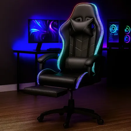 Silla Gamer Con Luces Led Ergonomica Reclinable Con Apoya Pies Base Giratoria De Cuero Sintetico Color Negro Cl