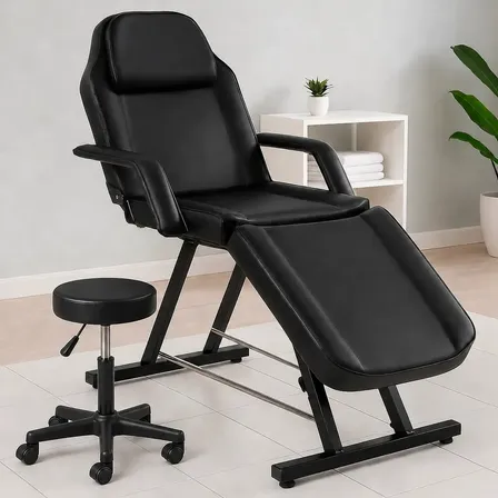 Sillon Camilla Regulable con Taburete Auxiliar Apto para Cosmetologia Maquillaje Estética Tatuajes Koa BAR100 Negro