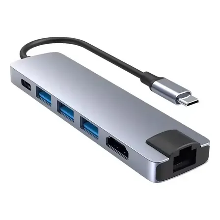 Adaptador Hub 6 En 1 Usb-c Ethernet Hdmi Usb X2 Thunderlbolt Plateado Oscuro