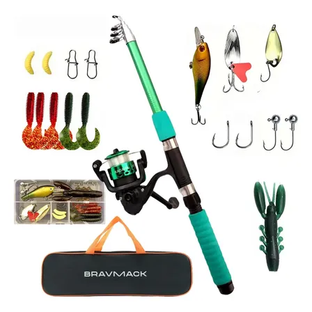 Kit Caña Pesca Con Reel Señuelos Anzuelos Green 1.8m Fishing Combo Kit
