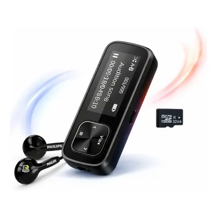 Reproductor MP3 Philips 32GB Radio FM Grabador Voz Repetición A-B USB-C Portátil Idiomas Estudio Deporte Pantalla Inglés + Memoria Micro SD