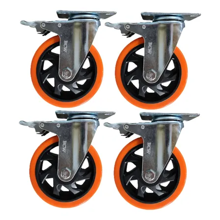 4 Ruedas Giratorias Reforzada 75 Mm Todas Con Freno 400 Kilo Naranja