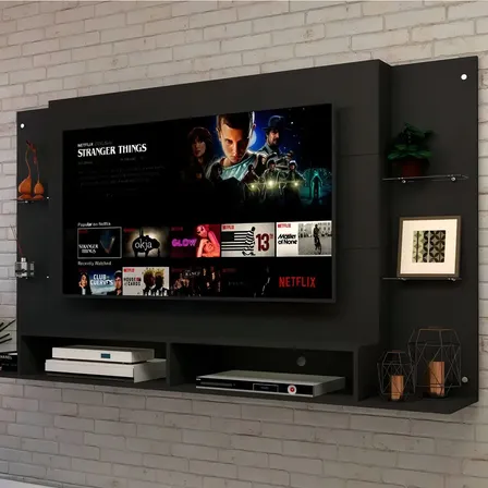 Panel de TV con 60 estantes de vidrio Braga Multifurniture Pto, color negro