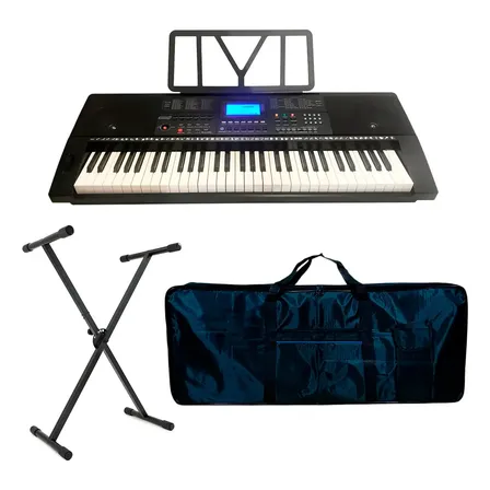 Teclado Órgano Sunset SK928 61 Teclas Sensitivas Con MIDI USB Negro con funda y pie de teclado