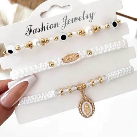 Set X3 Pulseras Artesanales Virgen María Mujer Blanco 5.73 Cm 18 Cm